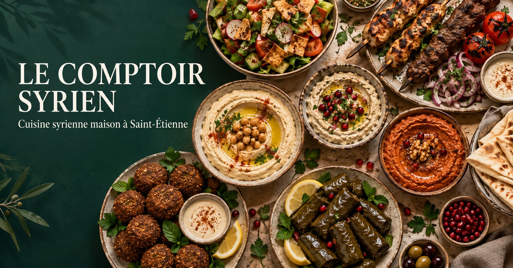 Assortiment de mezzés syriens, grillades, fattoush et falafels